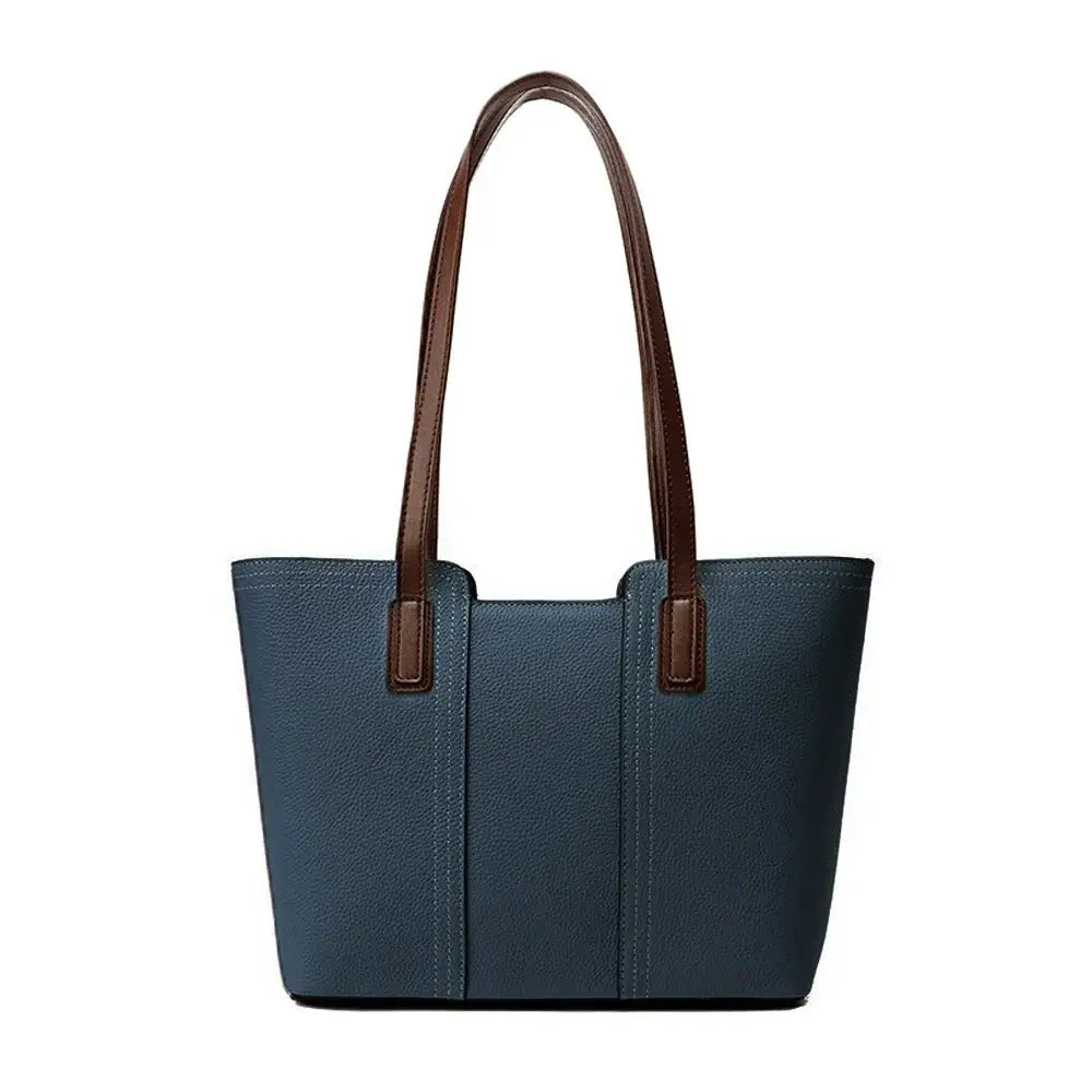 Sac Tote Cuir Grainé CASSI en bleu, grand, souple avec double anse longue et poches intérieures, fermeture zipper.