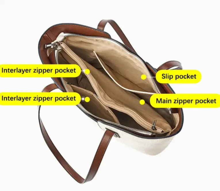 Interior view of the CASSI Sac Tote showing pockets: interlayer zipper, slip, and main zipper pocket.