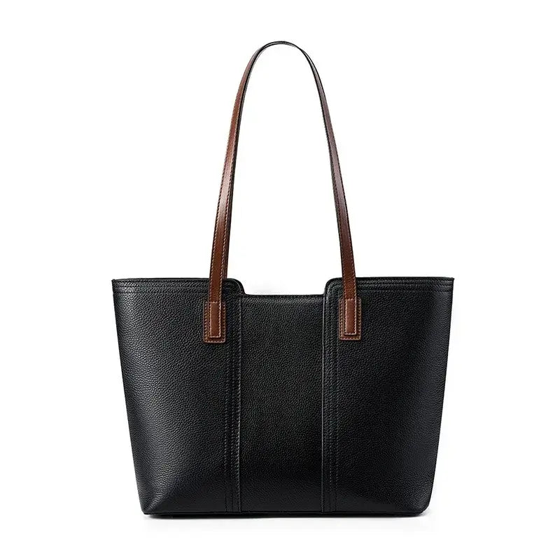 Sac Tote Cuir Grainé CASSI en noir avec anses longues et poches intérieures, idéal pour un usage quotidien.