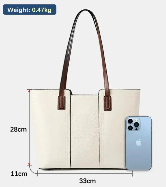 Sac Tote Cuir Grainé CASSI: grand flexible sac avec double anse, poches intérieures et fermeture zipper.