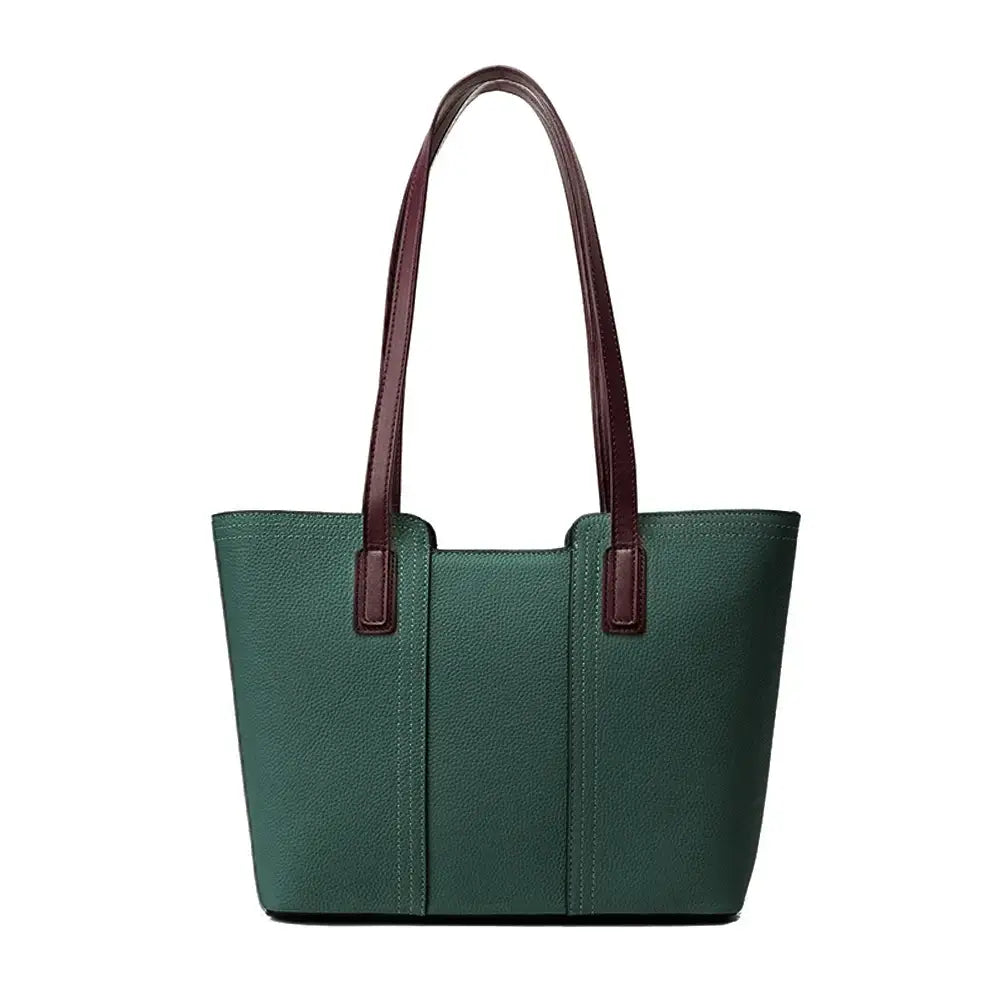 Sac tote cuir grainé vert avec anses longues, poches intérieures et fermeture zipper, disponible en 9 couleurs.