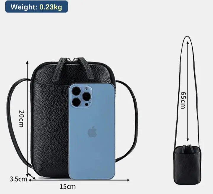 Sac Pochette cuir grainé noir avec dimensions, pochette pratique pour téléphone, fermeture double zipper.