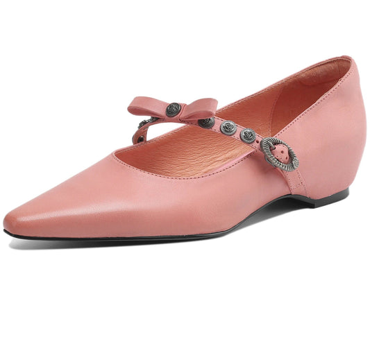 Ballerines en cuir rose, pointues avec bride à boucle et talon petit recouvert | SuzzaneMarket