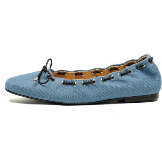 Ultra-plates ballerines souples en toile de jeans bleu avec cordon élastique | SuzzaneMarket