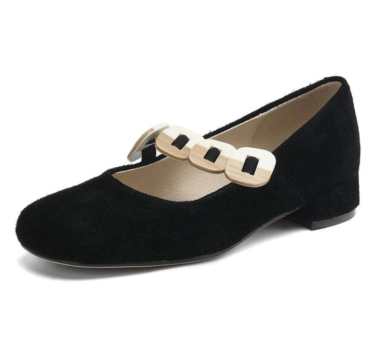 Ballerines Cuir Suède noires avec bride élastique décorative et petit talon | SuzzaneMarket