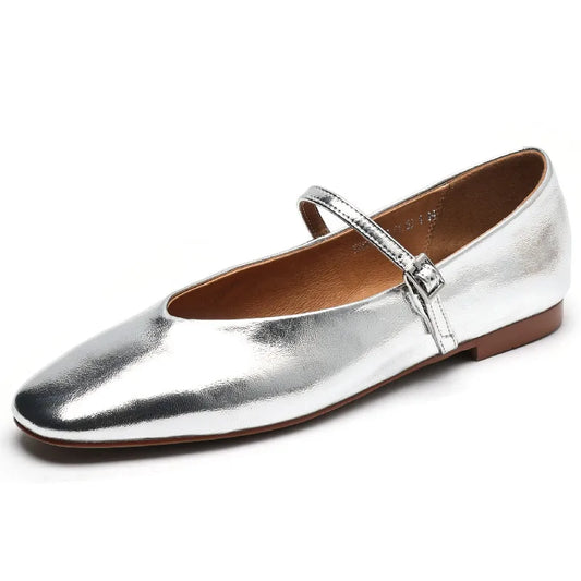 Mary Janes Cuir Lisse ballerines plates brillantes, bride à boucle, couleur argentée | SuzzaneMarket