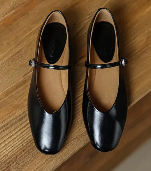Mary Janes Cuir Lisse SARAM in black, flat ballerines with rounded toe and strap |SuzzaneMarket
