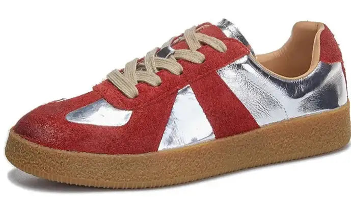 Baskets bi-colore en cuir et suède rouge et argent, semelle épaisse, doublure textile confortable | Suzzanemarket
