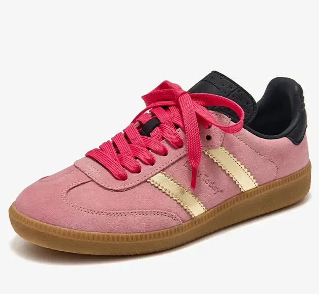Baskets Bonbon Rose Cuir avec bandes dorées et talon confort | SuzzaneMarket