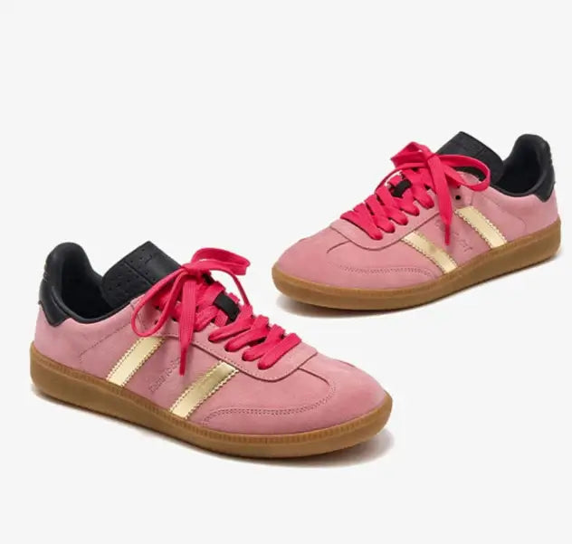 Baskets Bonbon Rose Cuir avec bandes dorées et semelle caoutchouc, confortables et modernes |SuzzaneMarket