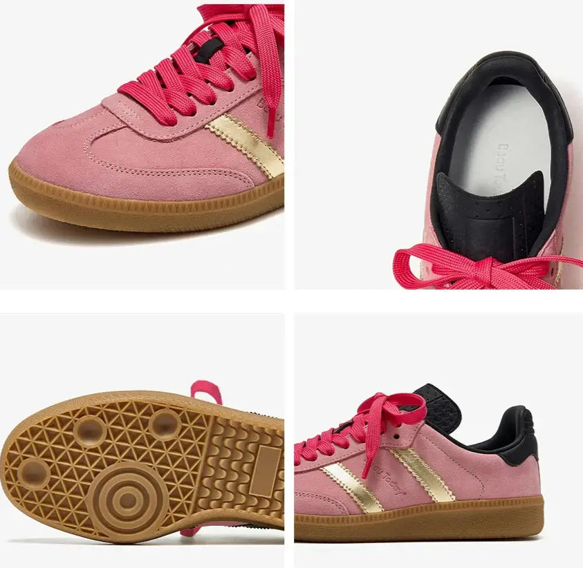 Baskets Bonbon Rose Cuir BONY en cuir suédé rose avec bandes dorées et semelle épaisse |SuzzaneMarket