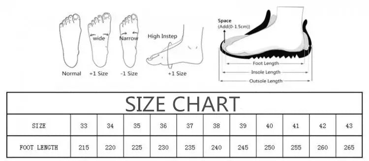 Size chart for footwear, showing foot width types, instep measurements, and size conversions | SuzzaneMarket