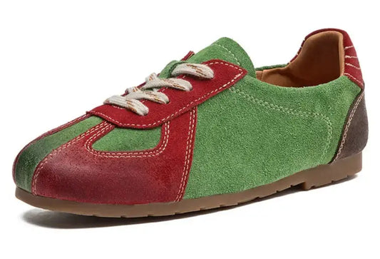 Baskets basses bi-colores en cuir et suède, rouge et vert, avec semelle en gomme pour un style urbain |SuzzaneMarket
