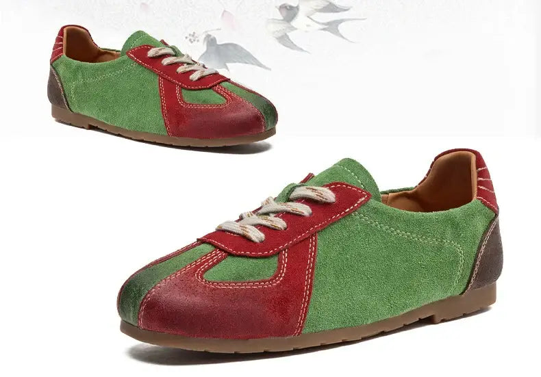 Baskets Basses Cuir Ville KONY en cuir lisse et suède, bi-colores rouge et vert, semelle intérieure cuir | SuzzaneMarket