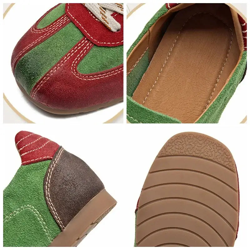 Baskets basses bi-colores rouge et vert en cuir lisse et suède, semelle en gomme, pour la ville | SuzzaneMarket