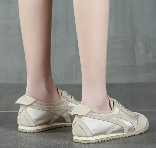 Back view of suede and silky textile baskets in beige, featuring classic lace-up design | SuzzaneMarket