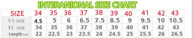 International size chart showing US and EU shoe sizes from 34 to 43 | SuzzaneMarket