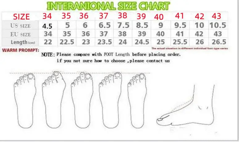 International size chart for footwear, featuring US and EU sizes and foot length measurements |SuzzaneMarket