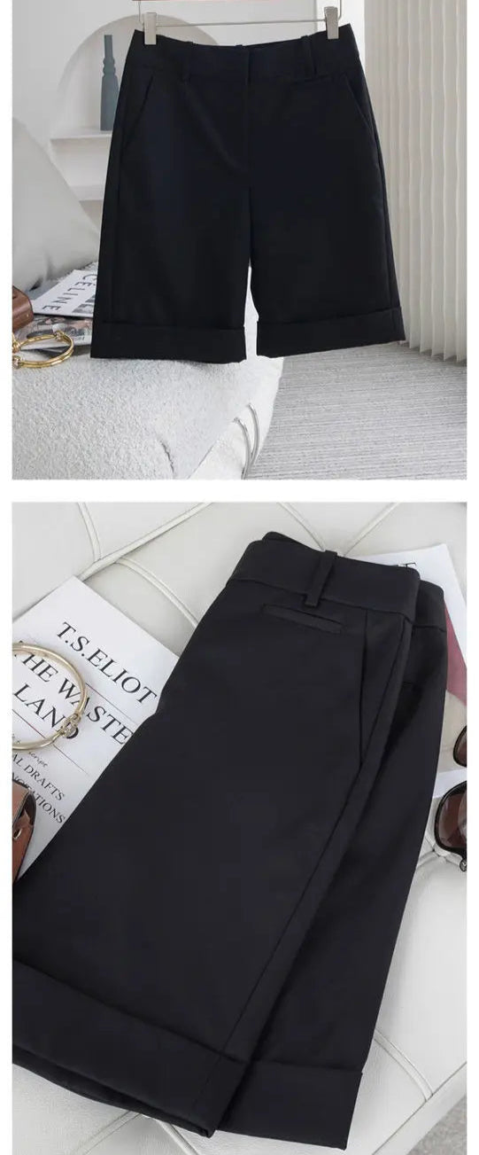 Bermuda classique noir avec revers, coupe droite, tissu en polyester | SuzzaneMarket