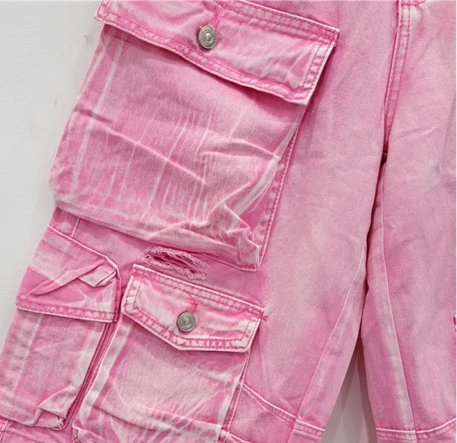 Bermuda cargo denim in faded pink with multiple pockets and high waist design | SuzzaneMarket