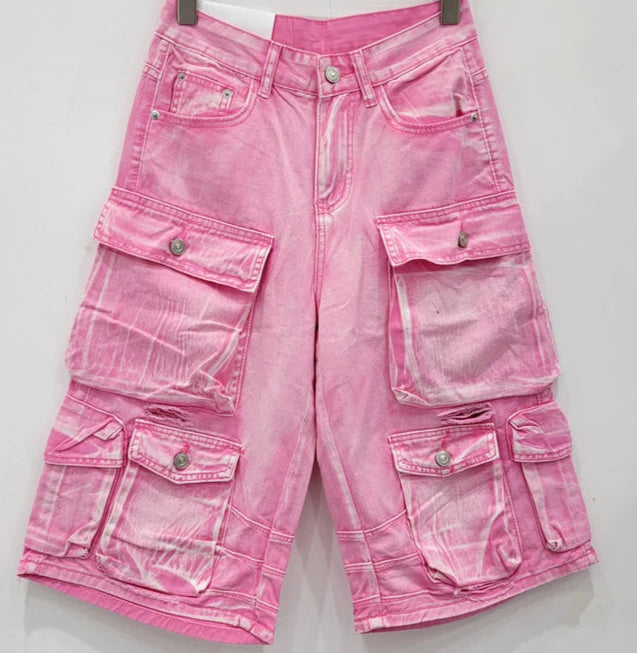 Bermuda cargo denim shorts in pink with multi pockets, high waist, and zipper closure | SuzzaneMarket