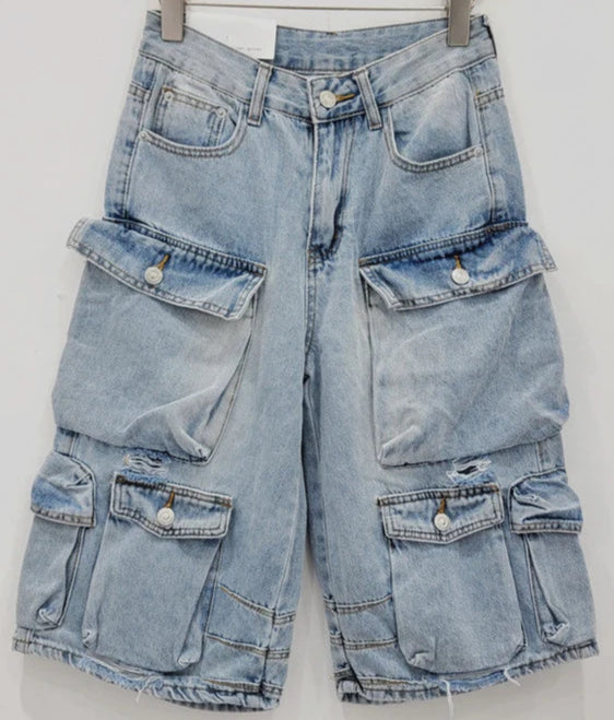 Bermuda Cargo denim shorts in washed blue, featuring multiple pockets and a high waist | SuzzaneMarket