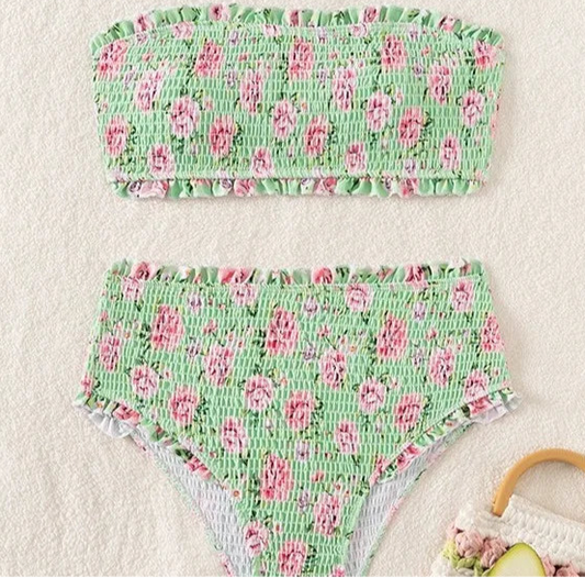 Bikini Bandeau Floral Smocks set with high-waisted bottoms, green floral pattern, no underwire, padded, SuzzaneMarket.