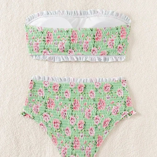 Bikini bandeau floral smocks with ruffle edges, high waist bottom. Perfect for summer style |SuzzaneMarket