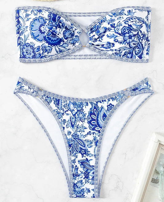 Bikini Bandeau Coques CELIA, chic floral design with scalloped edges and Brazilian Tanga. Perfect for summer.|SuzzaneMarket