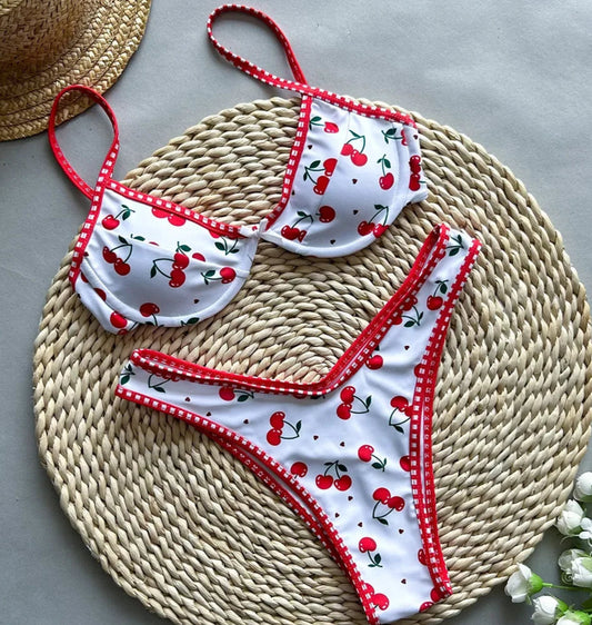 Bikini mini tanga with cherry print, featuring a push-up bra and adjustable straps. Perfect for summer | SuzzaneMarket