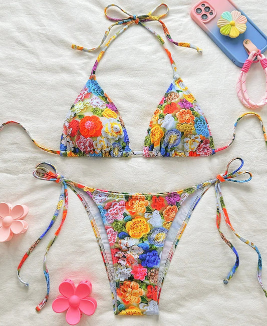Mini Brésilien Tanga Floral avec haut triangle et culotte lacets, impression 3D de fleurs | SuzzaneMarket