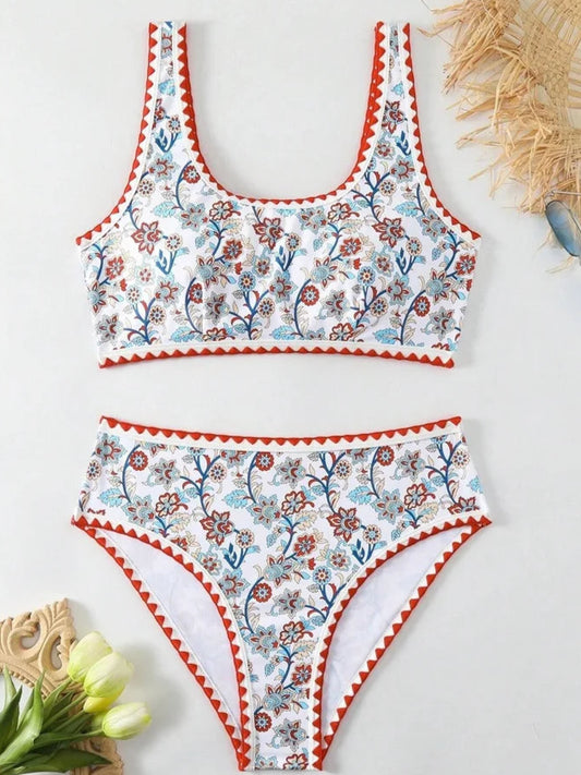 Bikini Vintage ELEN with floral design and red feston edges, non-padded bralette, high-waisted bottom | SuzzaneMarket