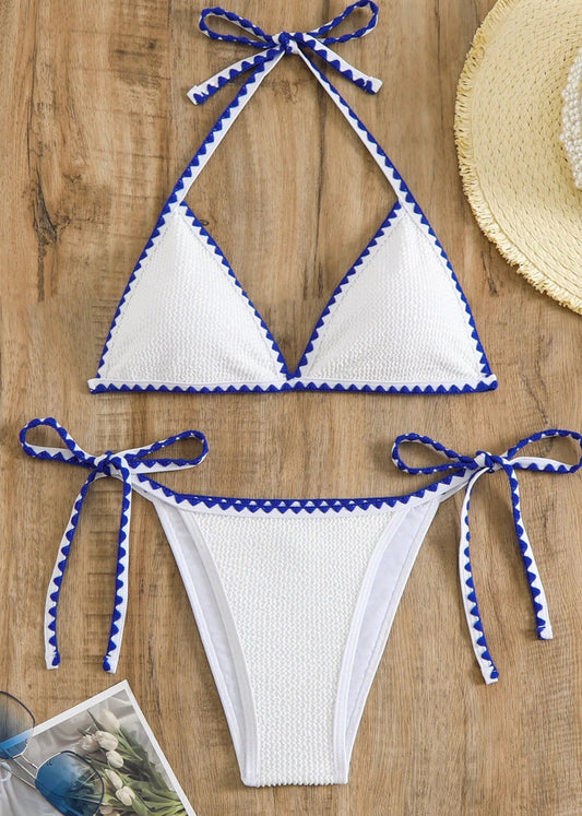 Bikini Tanga Triangle in white with blue trimming, adjustable ties, and textured fabric |SuzzaneMarket
