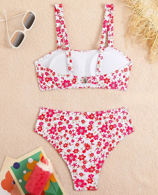 Bikini Floral Bretelles MARGI, culotte taille mi-haute et haut bandeau, design coloré, 3 couleurs disponibles | SuzzaneMarket