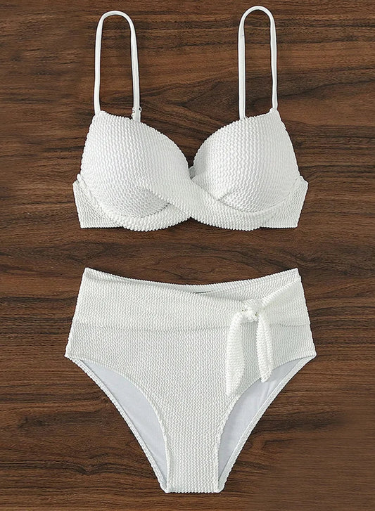 Bikini Tissus Gaufré blanc, culotte taille haute, soutien-gorge push-up, style classique | SuzzaneMarket