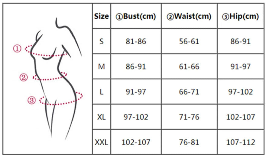 Size chart for bikini with bust, waist, and hip measurements in cm | SuzzaneMarket