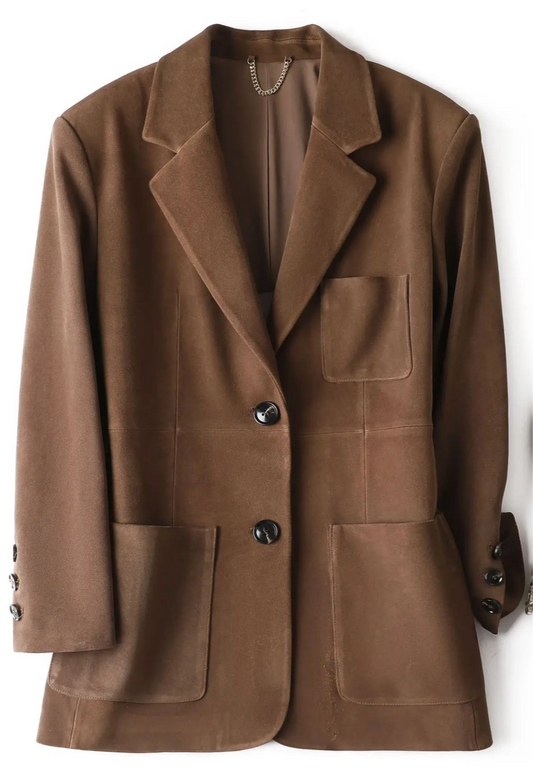 Blazer en daim pleine peau marron, coupe classique avec bouton croisé, grandes poches, SuzzaneMarket