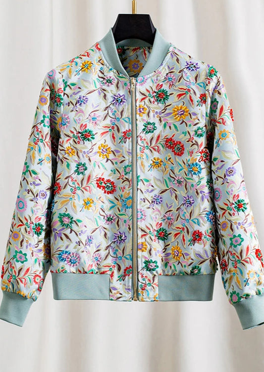 Colorful floral bomber jacket with zip closure and ribbed cuffs | SuzzaneMarket