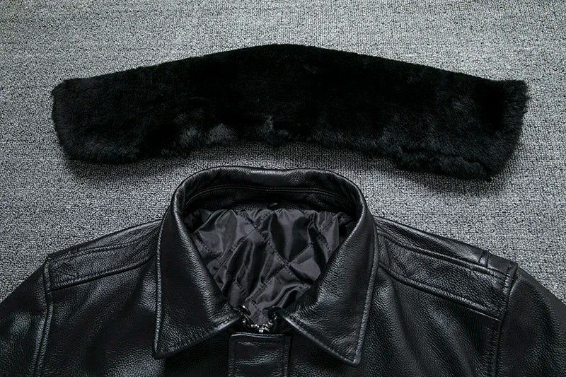 Blouson Air-Force en Cuir de Vache Noir Fourrure Détachable