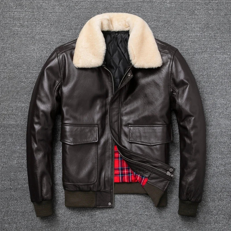 Blouson Air-Force en Cuir de Vache Blanc et Marron