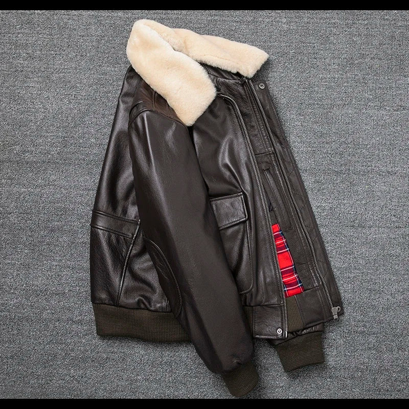 Blouson Air-Force en Cuir de Vache Blanc et Marron Coté