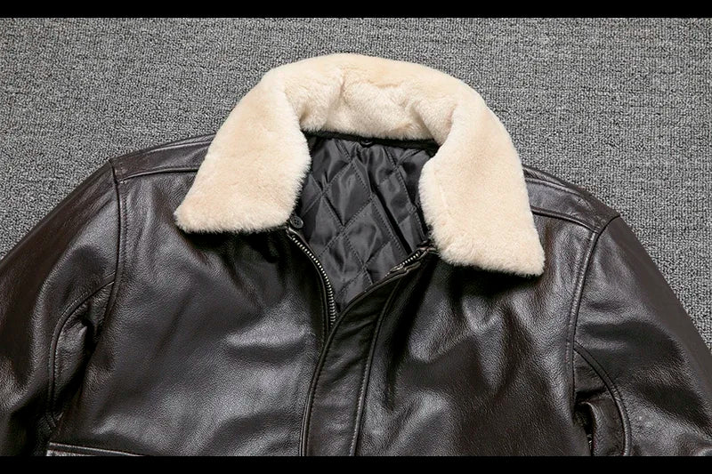 Blouson Air-Force en Cuir de Vache Blanc et Marron Détails Fourrure