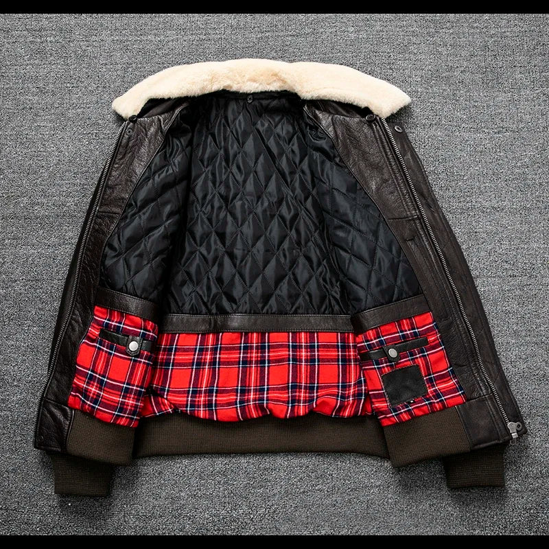 Blouson Air-Force en Cuir de Vache Blanc et Marron Intérieur