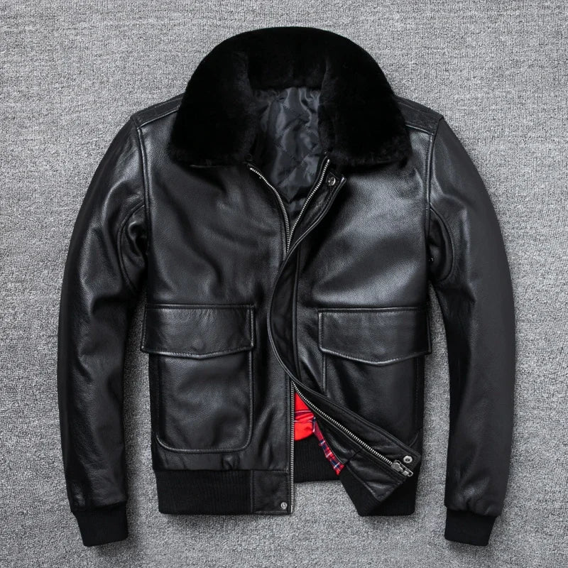 Blouson Air-Force en Cuir de Vache Noir Noir