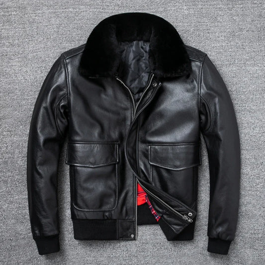 Blouson Air-Force en Cuir de Vache Noir Noir