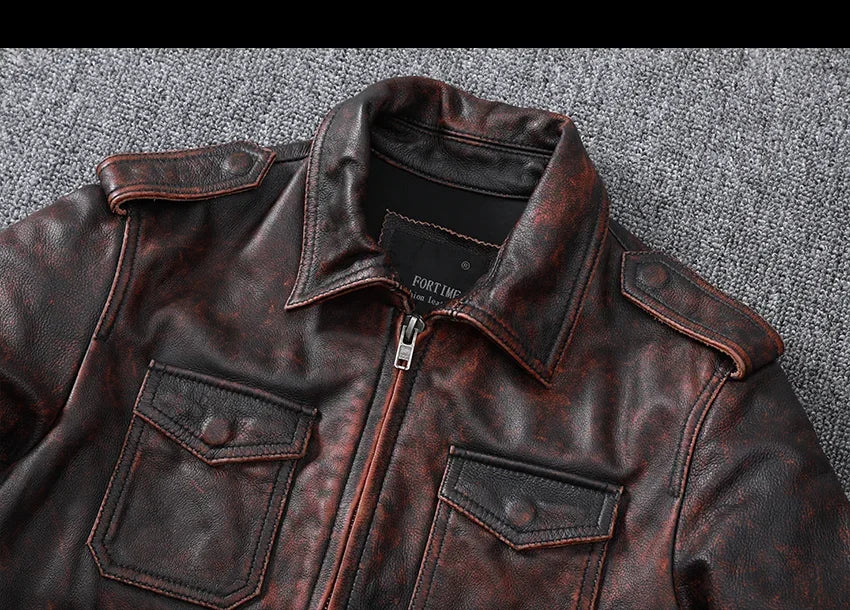 Blouson Sacramento en Cuir de Vache Marron Détails Col