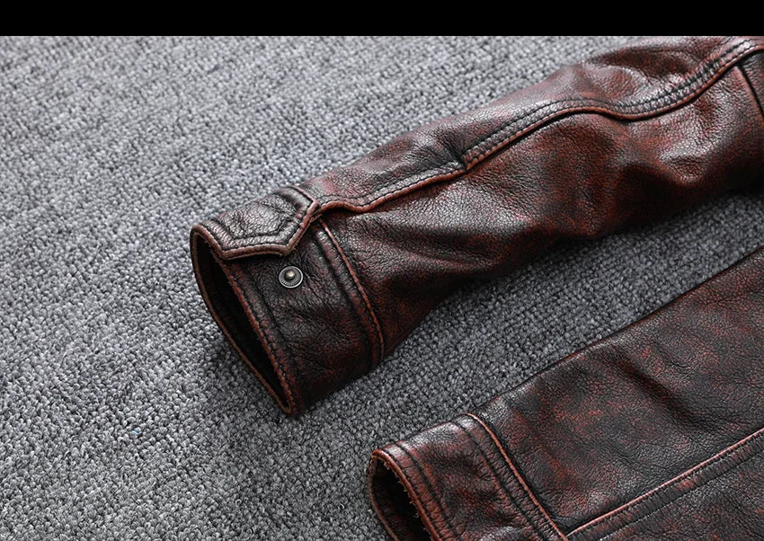 Blouson Sacramento en Cuir de Vache Marron Détails Pressions Manche