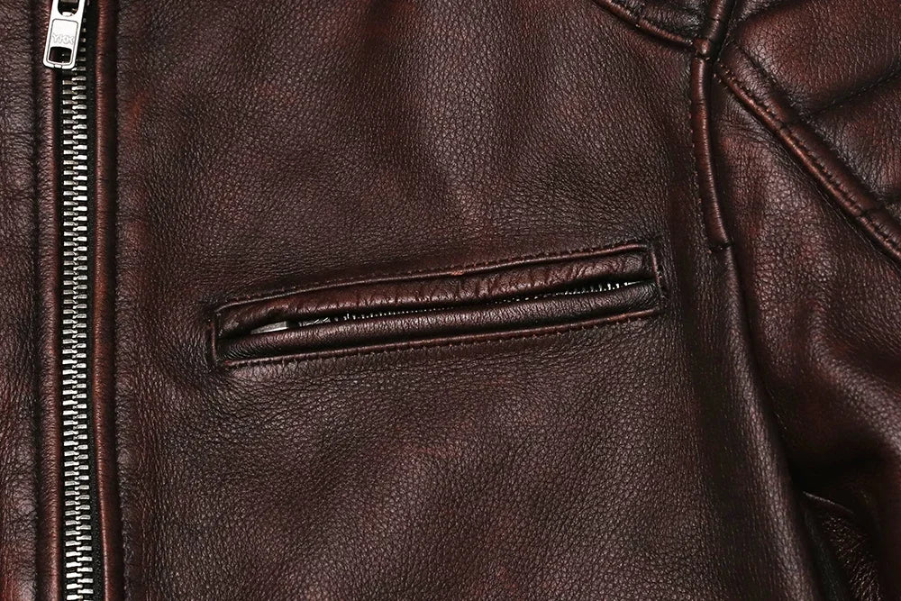 Blouson Springfield Cuir de Vache Marron Détails Poche Avant