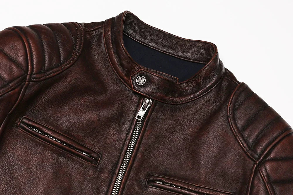 Blouson Springfield Cuir de Vache Marron Détails Col