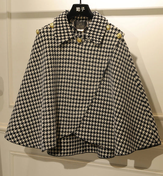 Cape Laine Asymétrique en laine mélangée avec boutons dorés, motif pied-de-poule - 4 couleurs | SuzzaneMarket